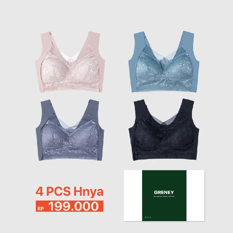 🔥【GRENEY DISKON 16%】 4PCS hanya 199K🔥GRENEY-L.W.L-4 PCS Bra Rompi Bigsize Renda Seamless Sport Push Up Bra Jumbo Big Size Tanpa Kawat Busa Tipis