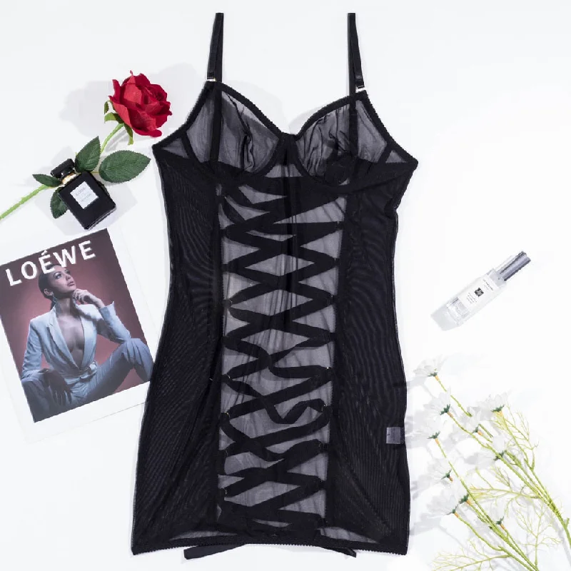 Sexy Cutout Tie Backless Dress Sheer Lace Erotic Transparent Night Dress Lace Up