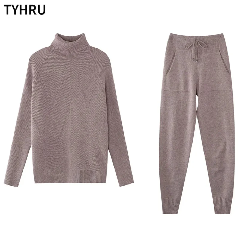 Late summer night Women's tracksuit Solid Color Striped Turtleneck Sweater and Elastic Trousers Suits Knitted Two Piece Set