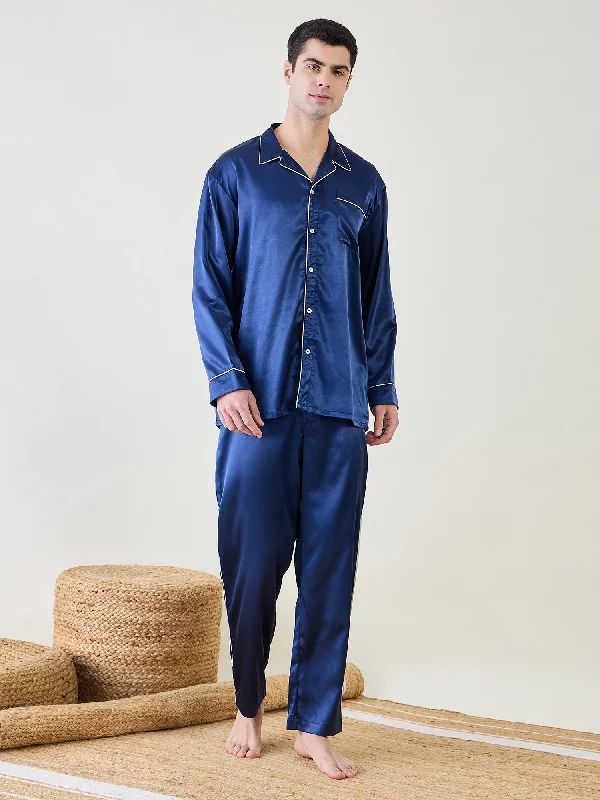 Mens Blue Satin Nightsuit Set