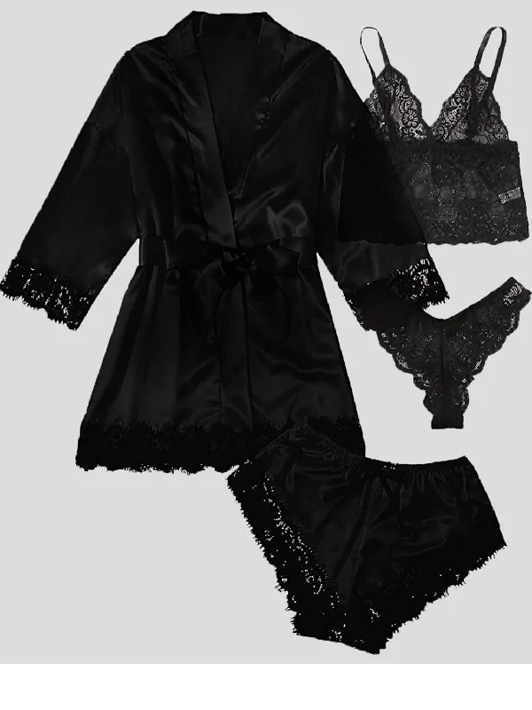 Pajamas 4-Piece Lace Nightgown Suspender Pajama Set for Women