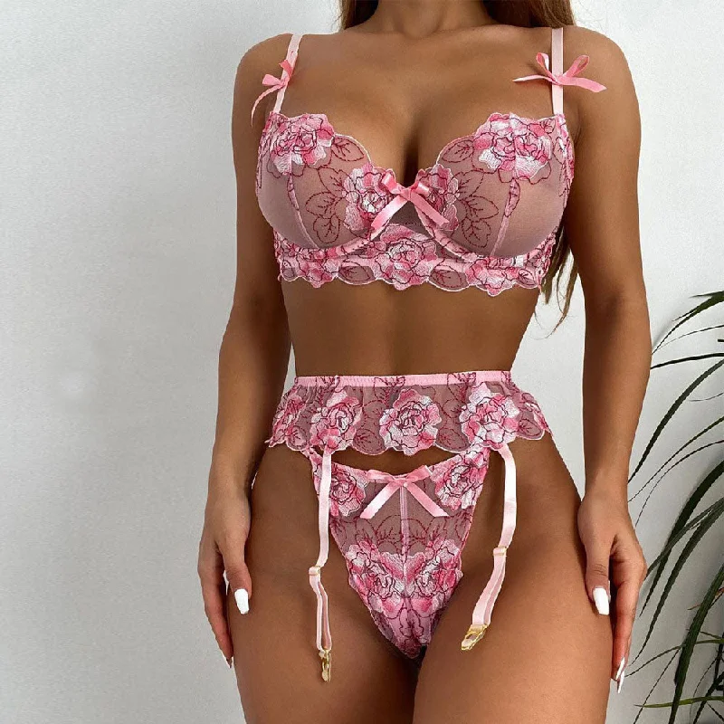 Pink Flower Garter Ladies Sexy Lingerie Three Piece Set