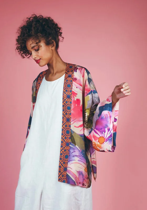 Powder Orchid Print Kimono Jacket, Purple Multi