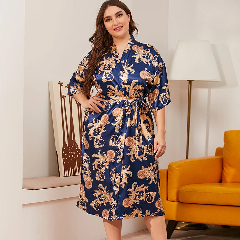 Printed Satin Silk Plus Size Pajama Robe 580