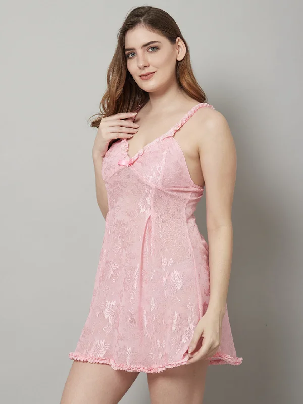 Babydoll Over All Lacy Net Bow Dress - Baby Pink