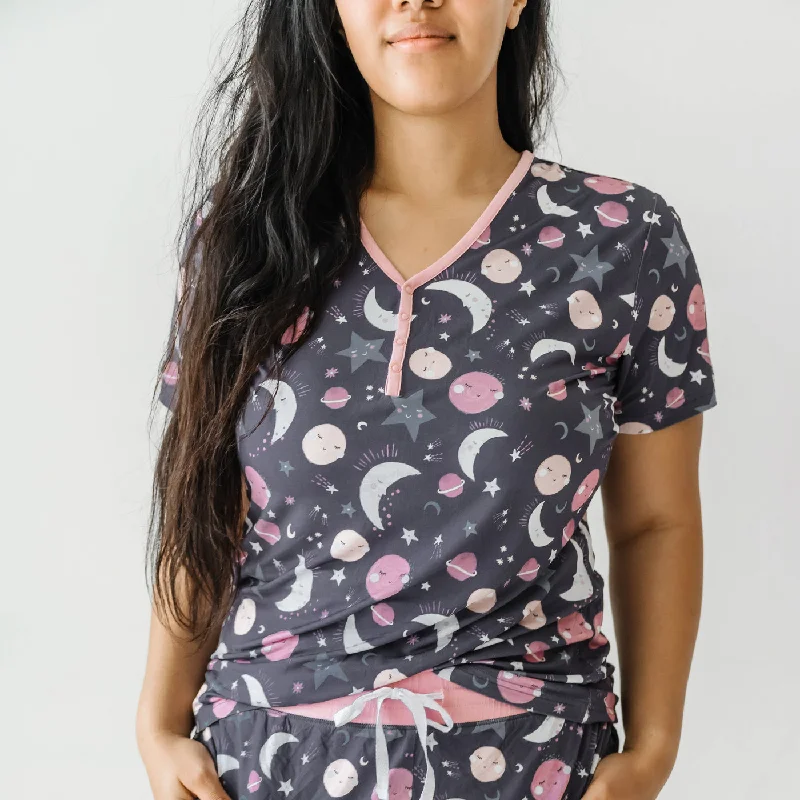 Pink To the Moon & Back Women's Short Sleeve Pajama Top