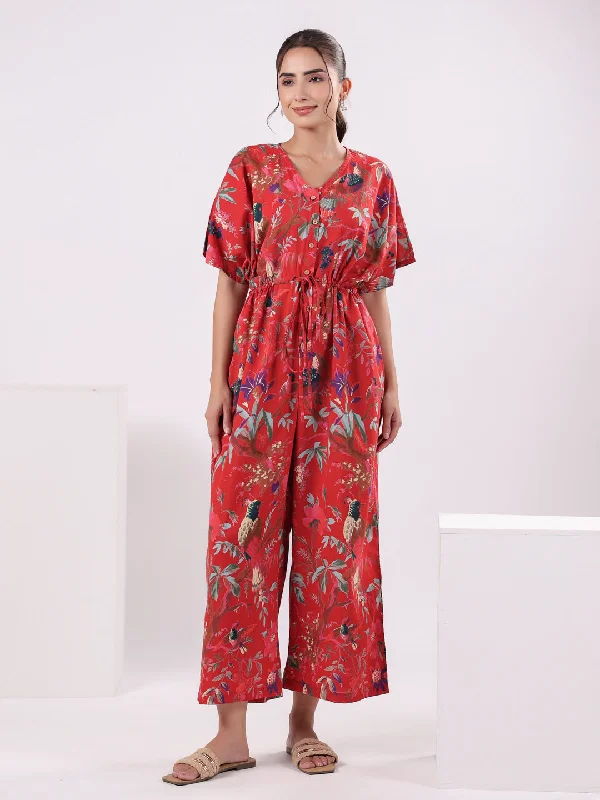 Red Floral Printed Jumpsuit for Women