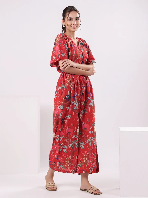 Red Floral Printed Jumpsuit for Women