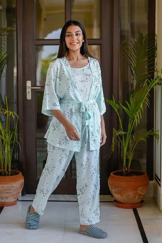 Skyblue Rayon Crepe Printed Night Suit Shrug Set