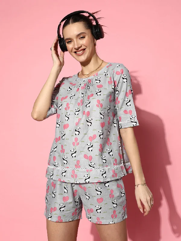 Women Grey & Pink Pure Cotton Panda Printed Night Suit Set