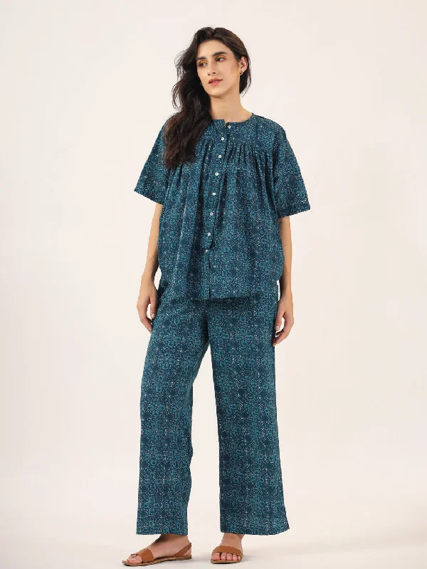 BLUE PRINTED DITSY Cotton Night SUIT