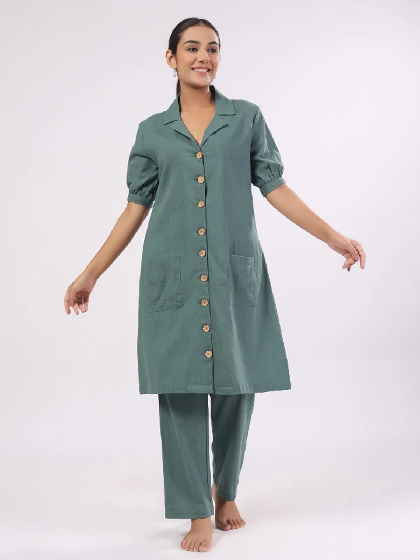 Women's Cotton Blend Dark Green Solid Print Night suits